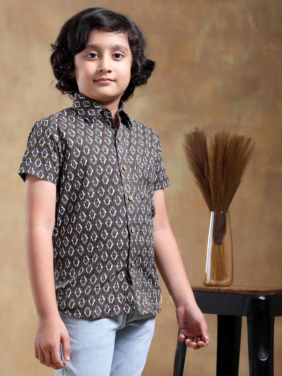 BACHPAN DAHLEEZ BROWN COTTON HAND BLOCK SHIRT - Pomcha Jaipur