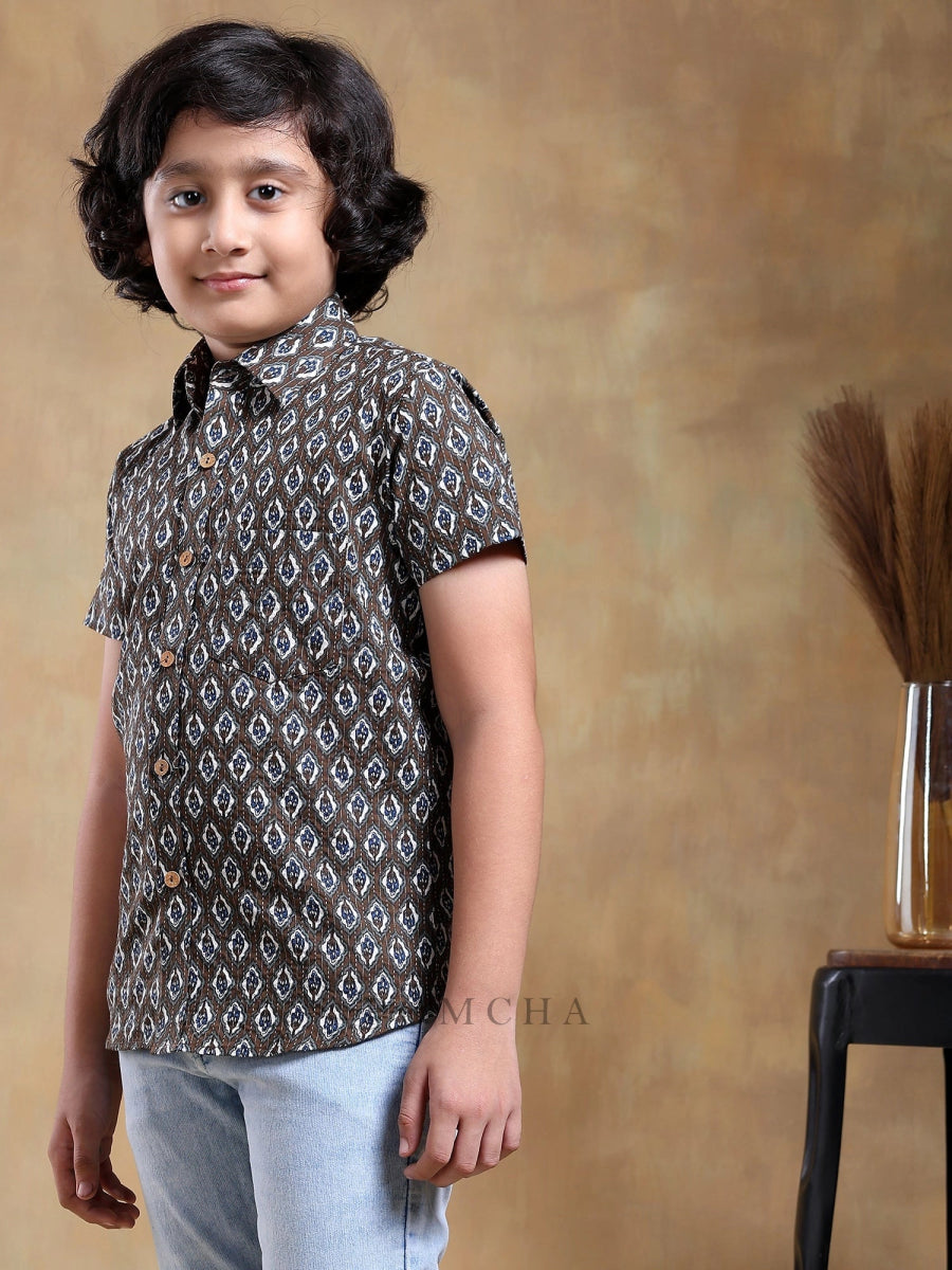 BACHPAN DAHLEEZ BROWN COTTON HAND BLOCK SHIRT - Pomcha Jaipur