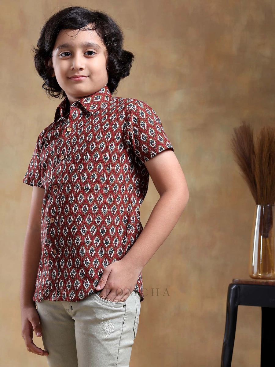BACHPAN DAHLEEZ MAROON COTTON HAND BLOCK SHIRT - Pomcha Jaipur