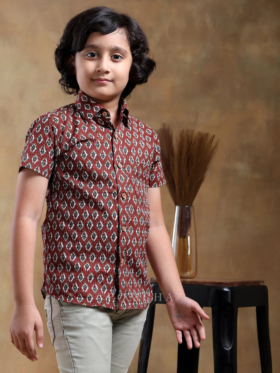 BACHPAN DAHLEEZ MAROON COTTON HAND BLOCK SHIRT - Pomcha Jaipur