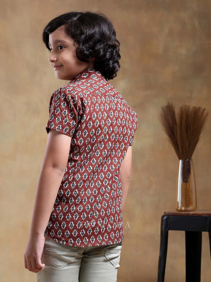 BACHPAN DAHLEEZ MAROON COTTON HAND BLOCK SHIRT - Pomcha Jaipur