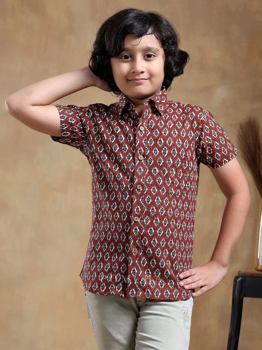 BACHPAN DAHLEEZ MAROON COTTON HAND BLOCK SHIRT - Pomcha Jaipur