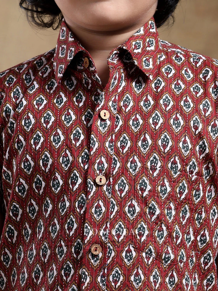 BACHPAN DAHLEEZ MAROON COTTON HAND BLOCK SHIRT - Pomcha Jaipur