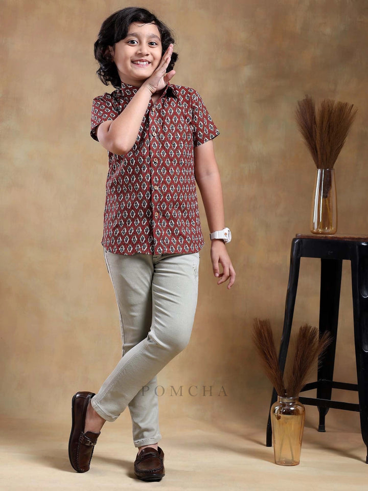 BACHPAN DAHLEEZ MAROON COTTON HAND BLOCK SHIRT - Pomcha Jaipur