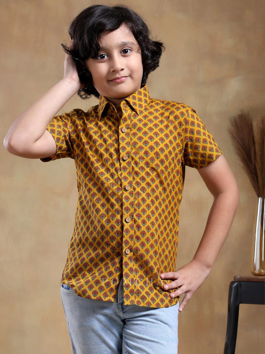 BACHPAN DARPAN MUSTARD COTTON HAND BLOCK SHIRT - Pomcha Jaipur
