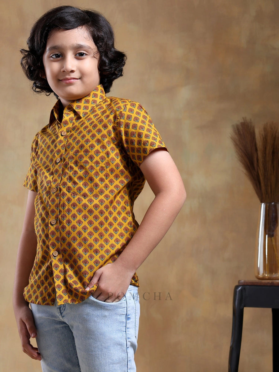 BACHPAN DARPAN MUSTARD COTTON HAND BLOCK SHIRT - Pomcha Jaipur