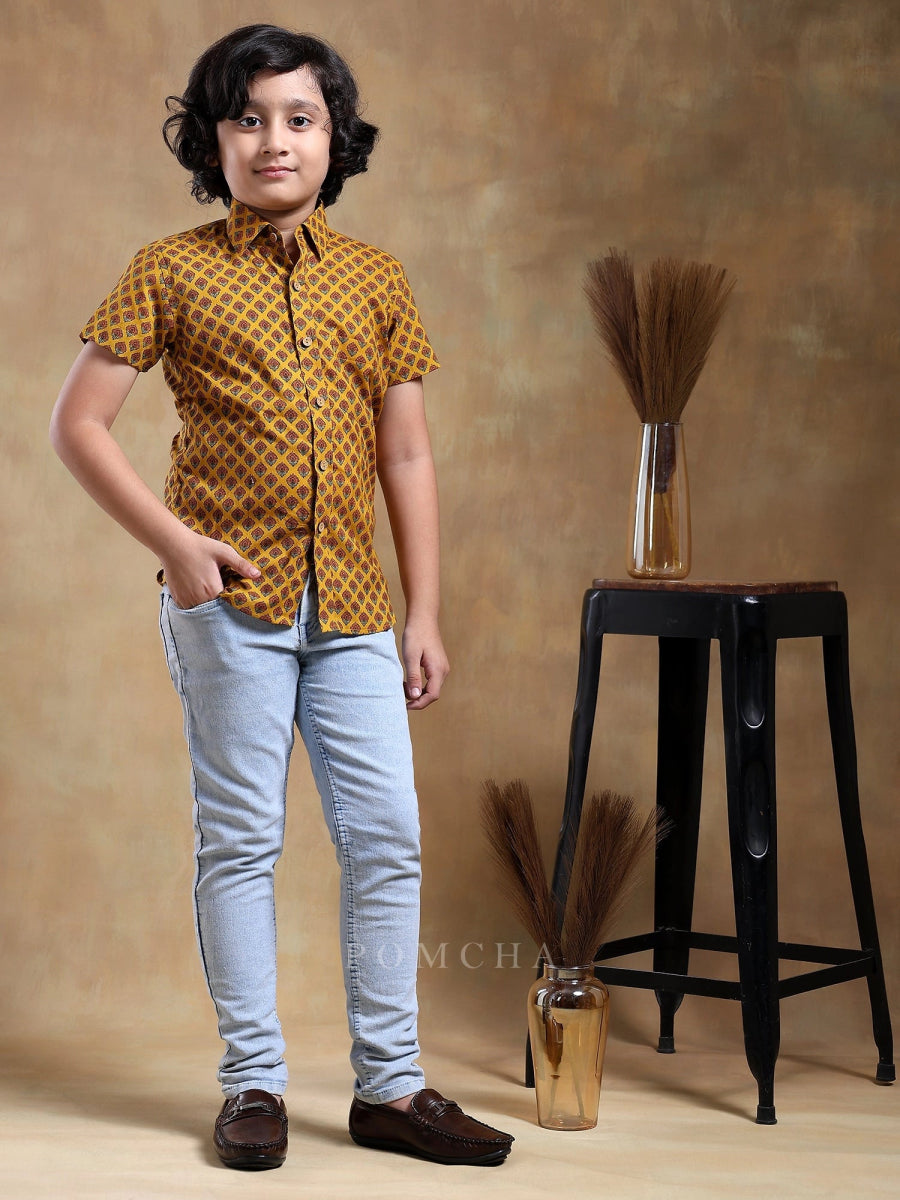 BACHPAN DARPAN MUSTARD COTTON HAND BLOCK SHIRT - Pomcha Jaipur