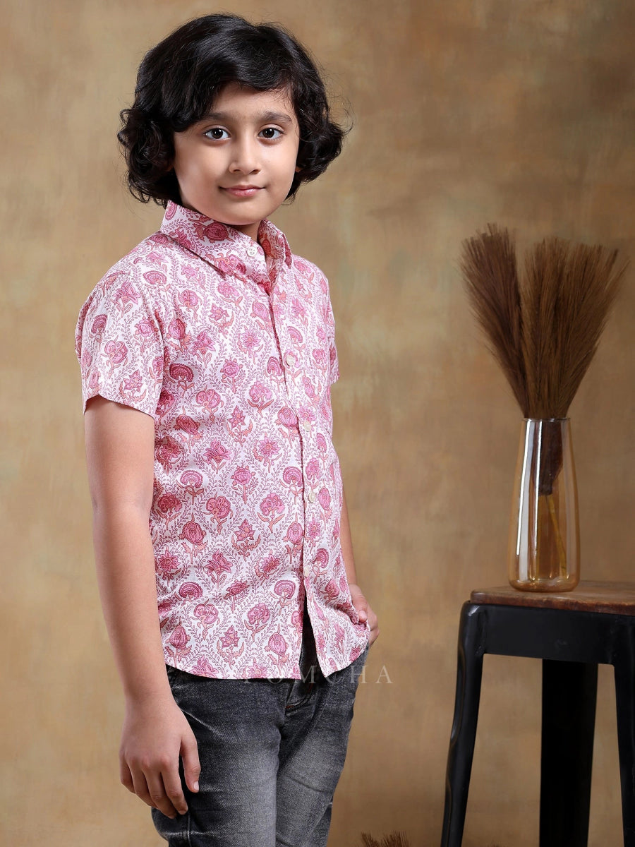 BACHPAN GULABI PHOOL COTTON HAND BLOCK SHIRT - Pomcha Jaipur