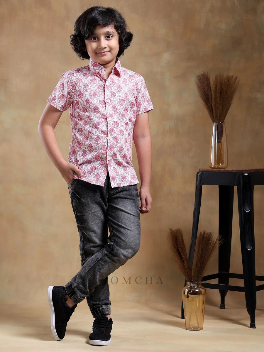 BACHPAN GULABI PHOOL COTTON HAND BLOCK SHIRT - Pomcha Jaipur