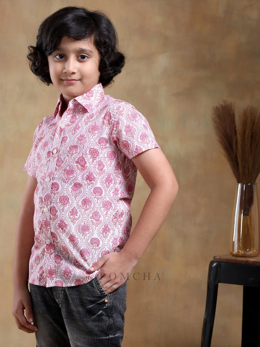 BACHPAN GULABI PHOOL COTTON HAND BLOCK SHIRT - Pomcha Jaipur