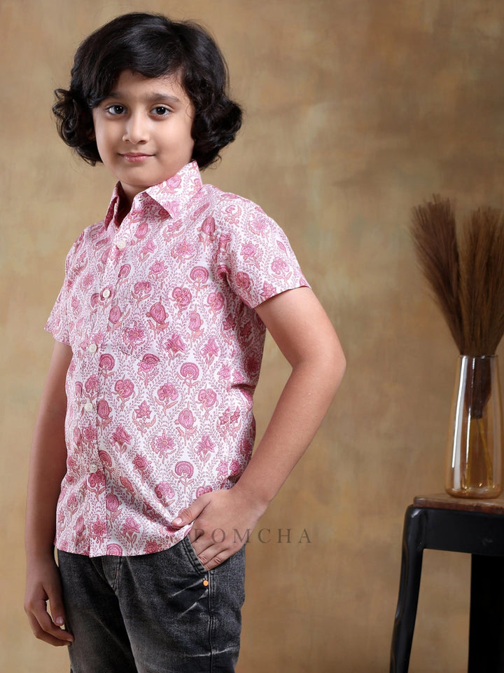 BACHPAN GULABI PHOOL COTTON HAND BLOCK SHIRT - Pomcha Jaipur
