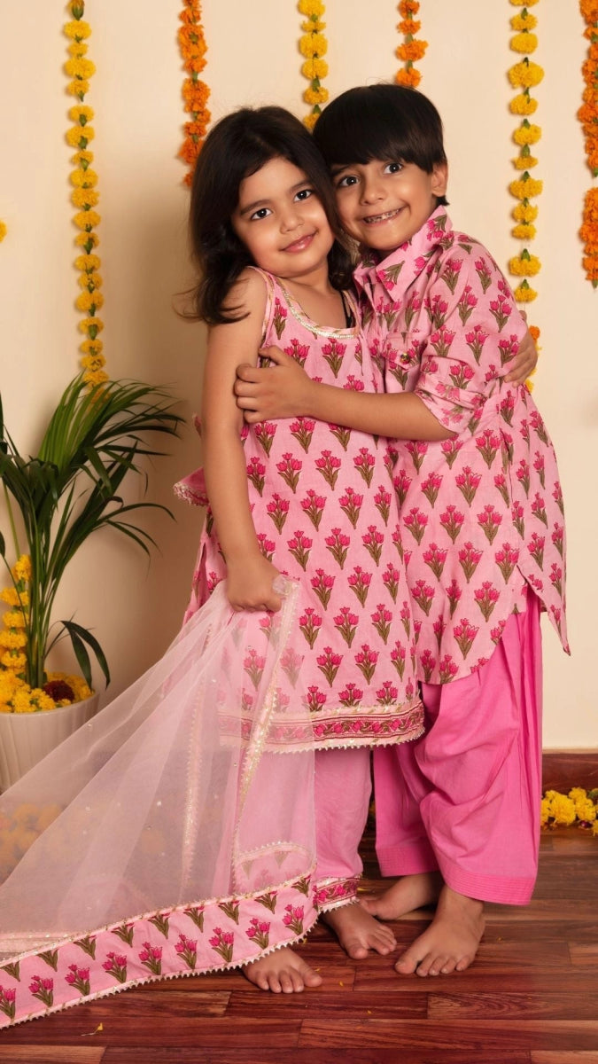 BACHPAN GULBHAR PINK HAND BLOCK KURTA SET - Pomcha Jaipur