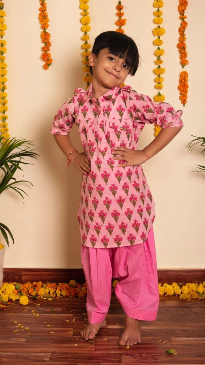 BACHPAN GULBHAR PINK HAND BLOCK KURTA SET - Pomcha Jaipur