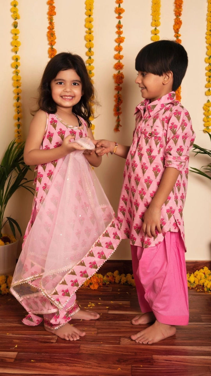 BACHPAN GULBHAR PINK HAND BLOCK KURTA SET - Pomcha Jaipur
