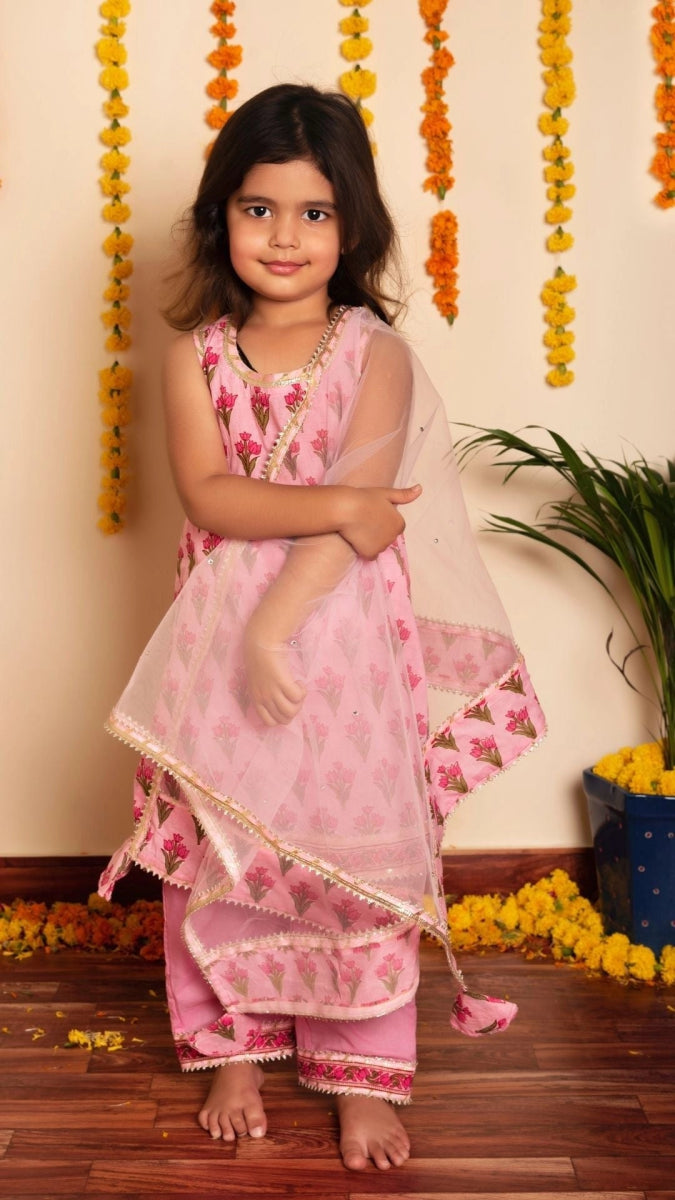 BACHPAN GULBHAR PINK HAND BLOCK KURTA SET - Pomcha Jaipur