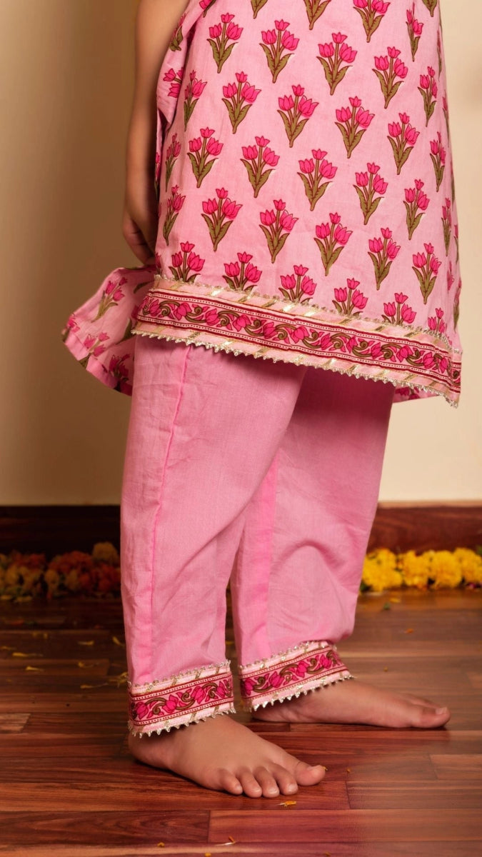 BACHPAN GULBHAR PINK HAND BLOCK KURTA SET - Pomcha Jaipur