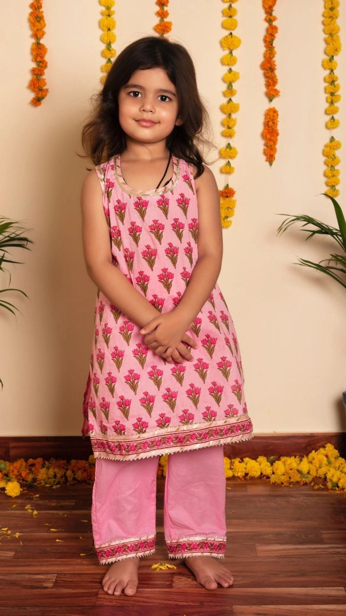 BACHPAN GULBHAR PINK HAND BLOCK KURTA SET - Pomcha Jaipur