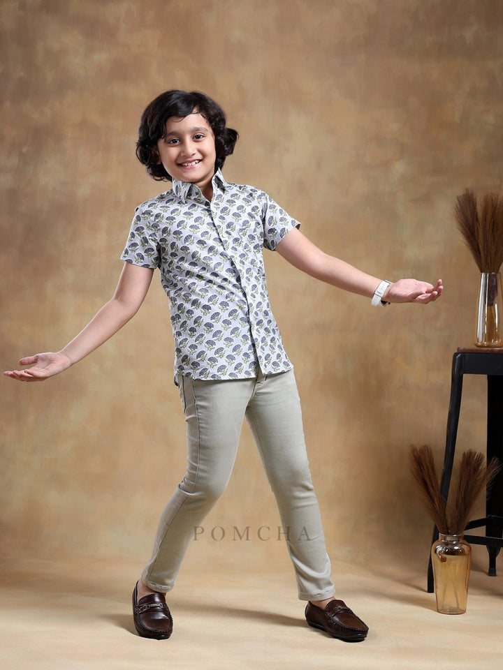 BACHPAN MADHUR GREY COTTON HAND BLOCK SHIRT - Pomcha Jaipur