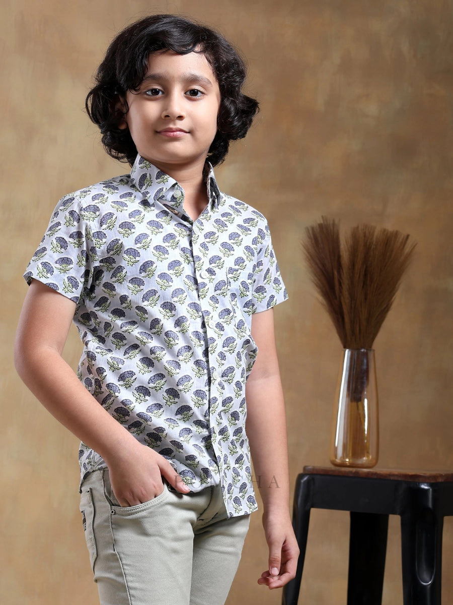 BACHPAN MADHUR GREY COTTON HAND BLOCK SHIRT - Pomcha Jaipur