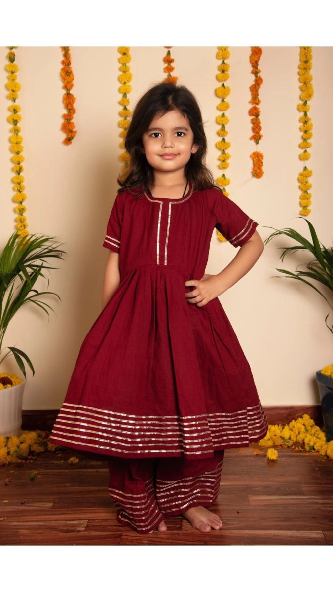 BACHPAN MAROON GOTTA JAAL ANARKALI SET - Pomcha Jaipur