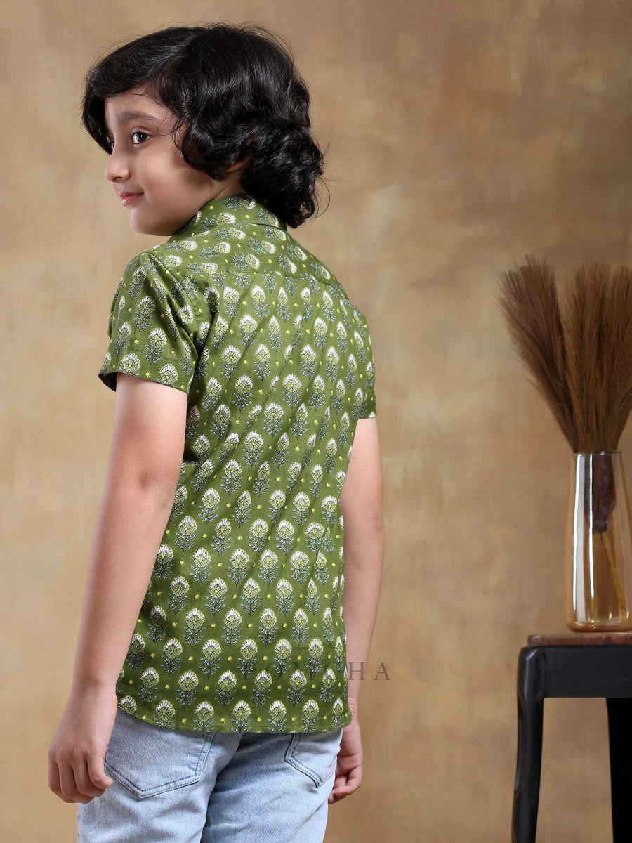 BACHPAN MEHENDI GREEN COTTON HAND BLOCK SHIRT - Pomcha Jaipur