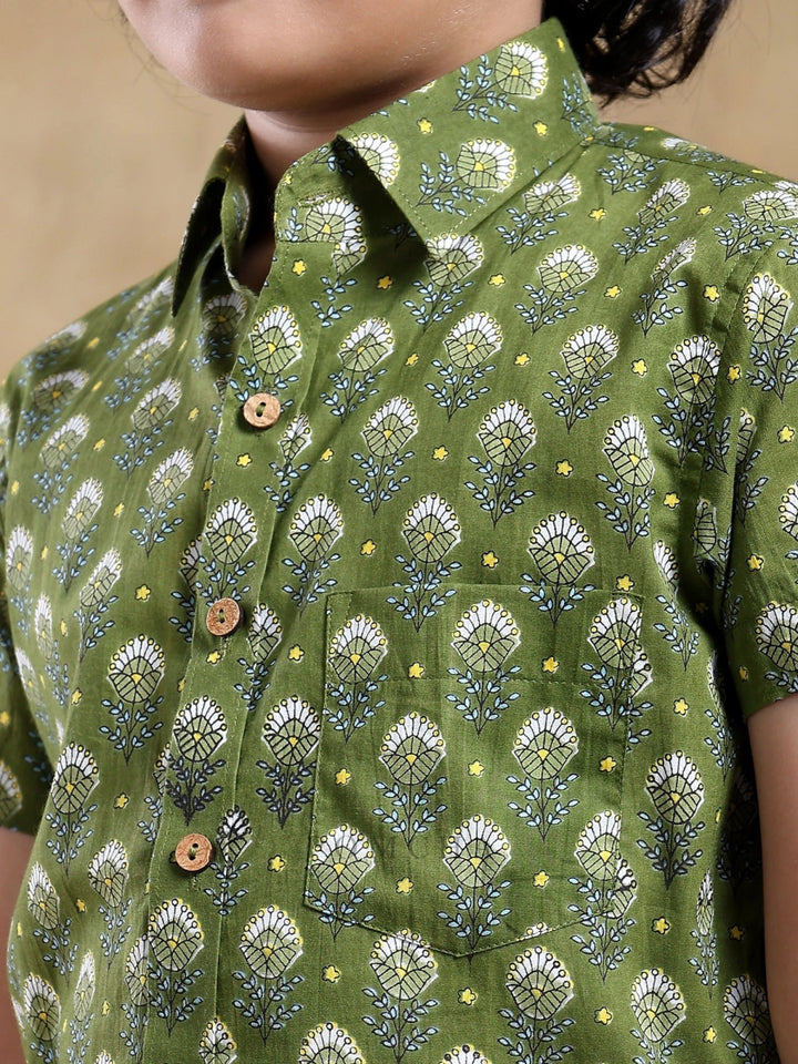 BACHPAN MEHENDI GREEN COTTON HAND BLOCK SHIRT - Pomcha Jaipur