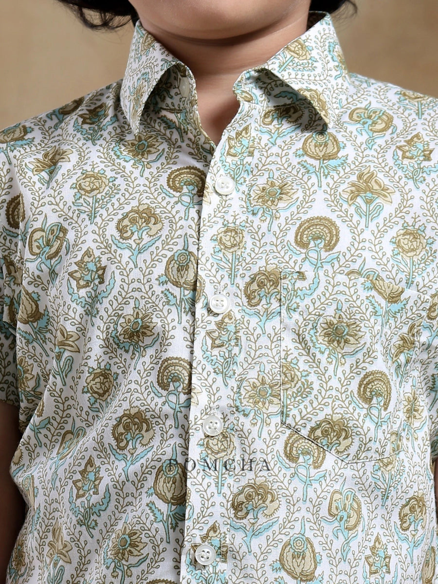 BACHPAN MEHENDI GREEN PAISLEY COTTON HAND BLOCK SHIRT - Pomcha Jaipur