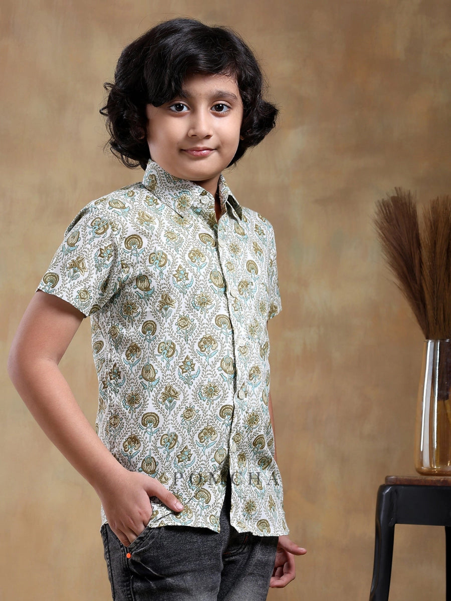 BACHPAN MEHENDI GREEN PAISLEY COTTON HAND BLOCK SHIRT - Pomcha Jaipur