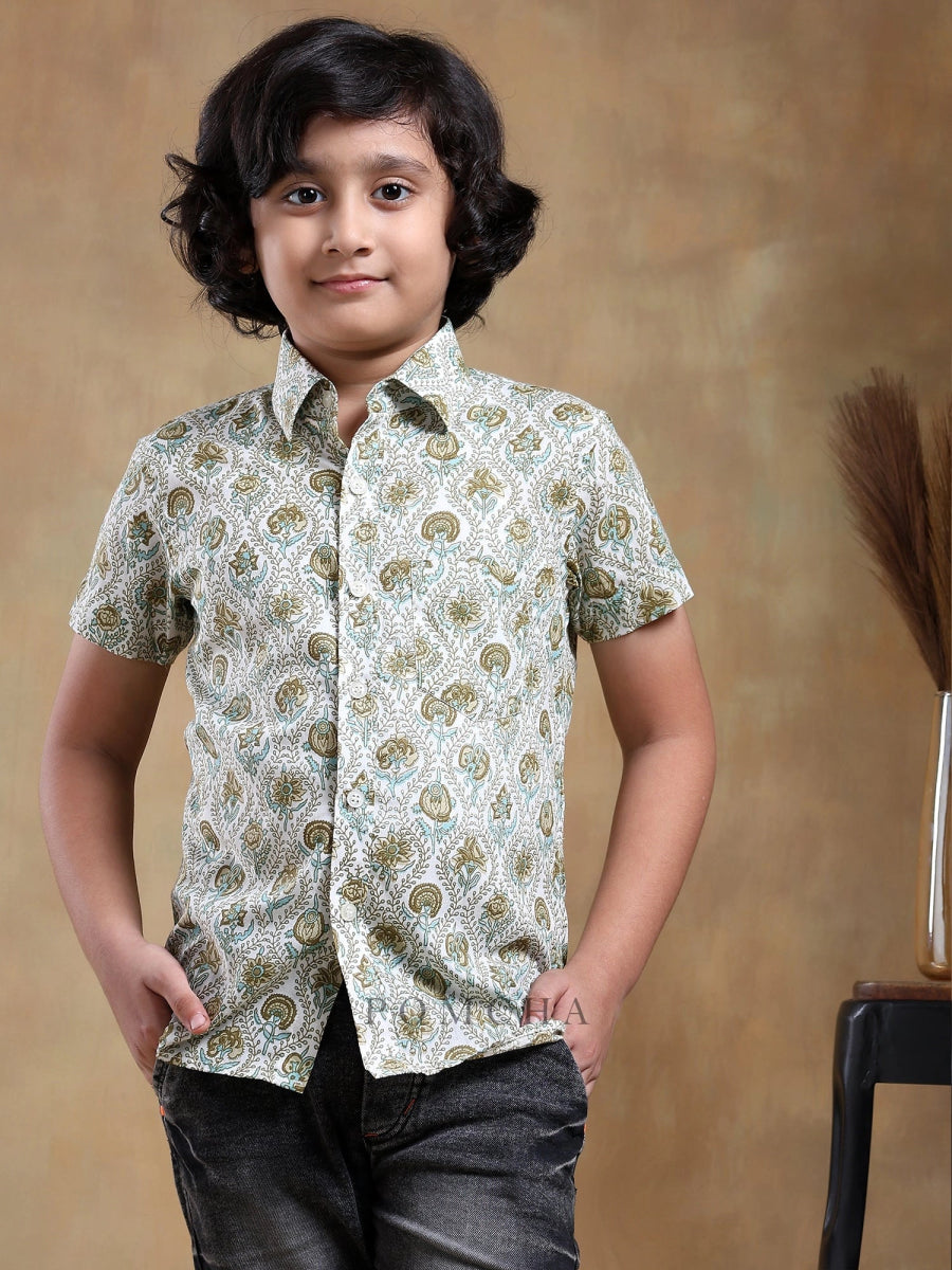 BACHPAN MEHENDI GREEN PAISLEY COTTON HAND BLOCK SHIRT - Pomcha Jaipur