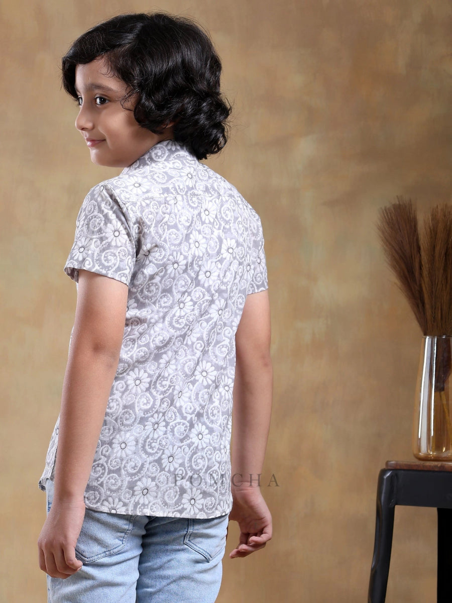 BACHPAN MOKSHA GREY COTTON HAND BLOCK HALF SLEEVE - Pomcha Jaipur