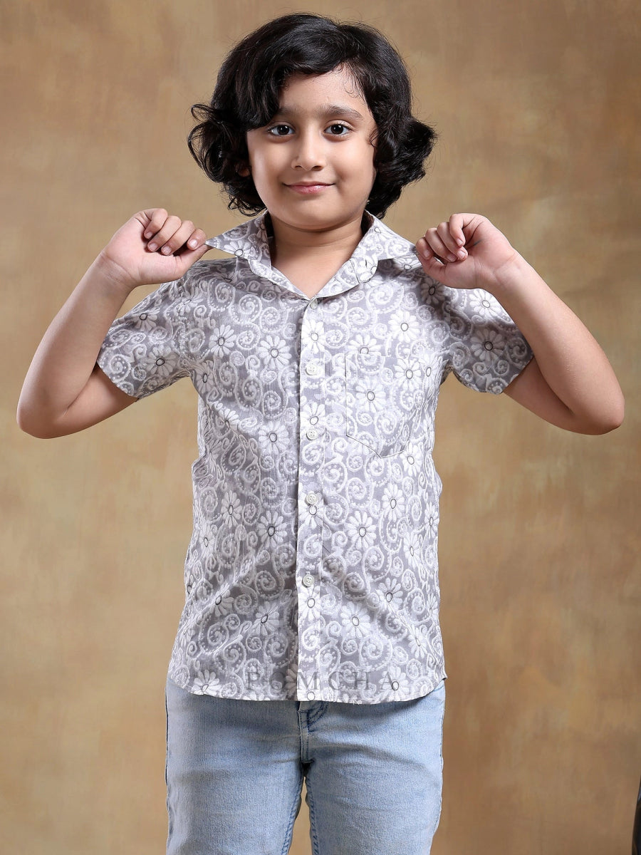 BACHPAN MOKSHA GREY COTTON HAND BLOCK HALF SLEEVE - Pomcha Jaipur