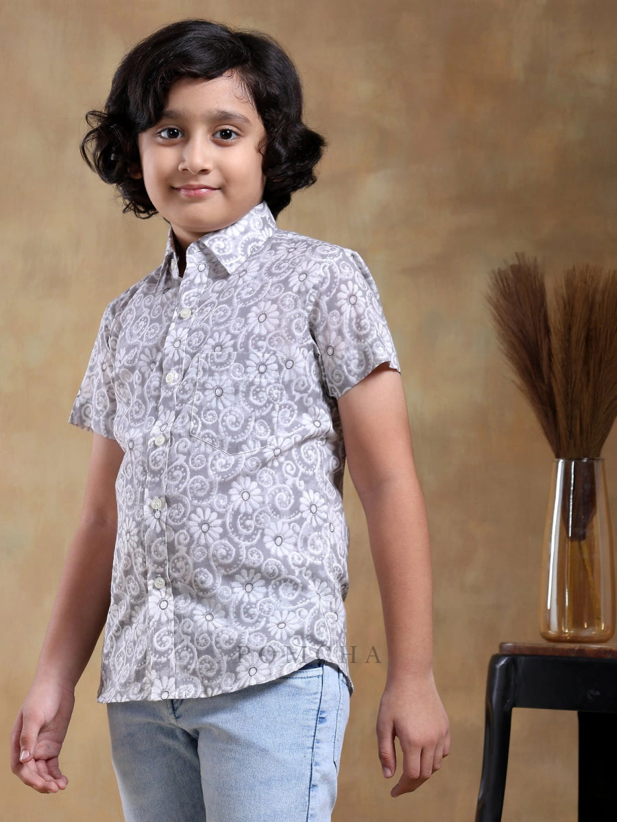 BACHPAN MOKSHA GREY COTTON HAND BLOCK HALF SLEEVE - Pomcha Jaipur