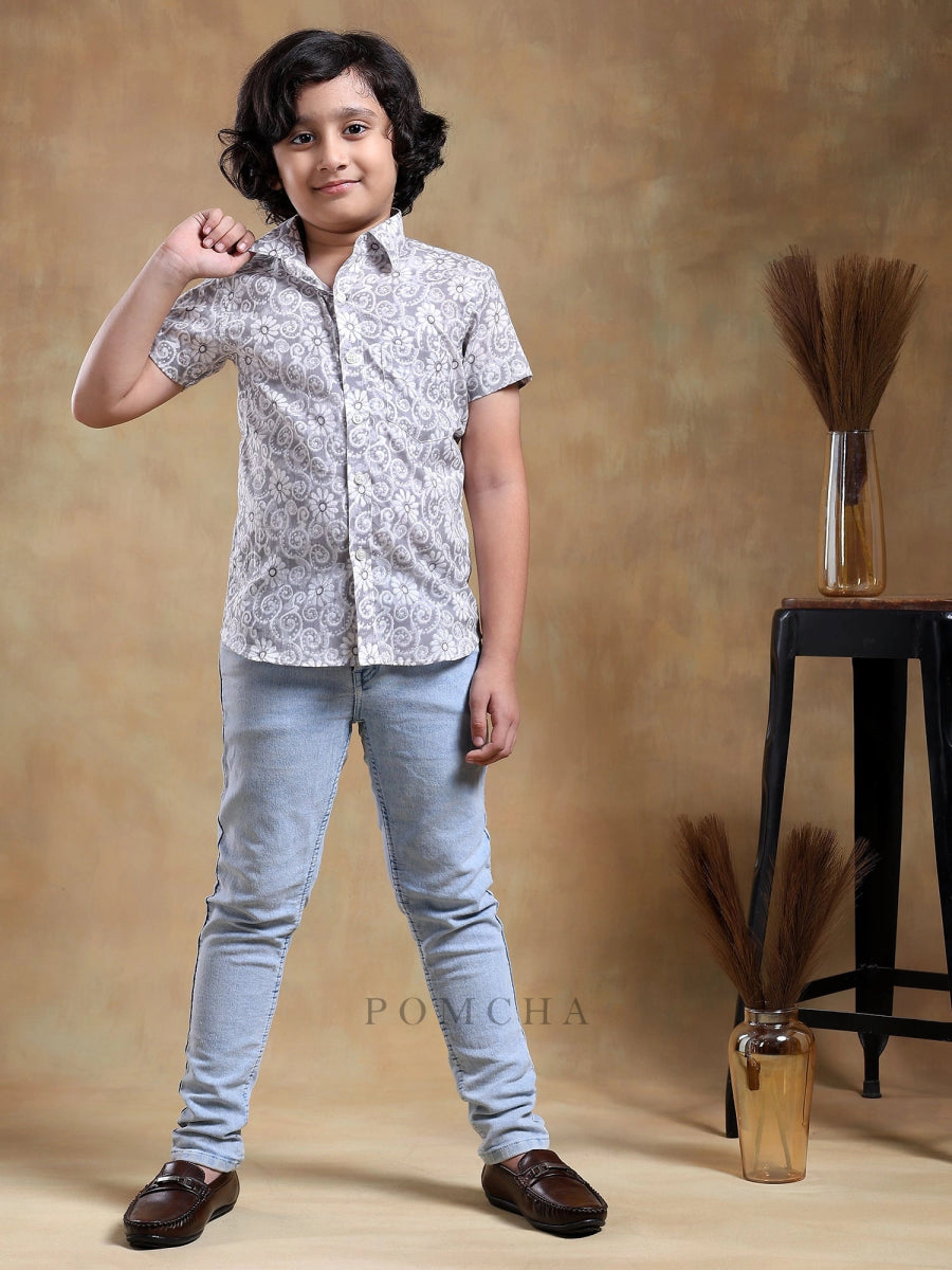 BACHPAN MOKSHA GREY COTTON HAND BLOCK HALF SLEEVE - Pomcha Jaipur