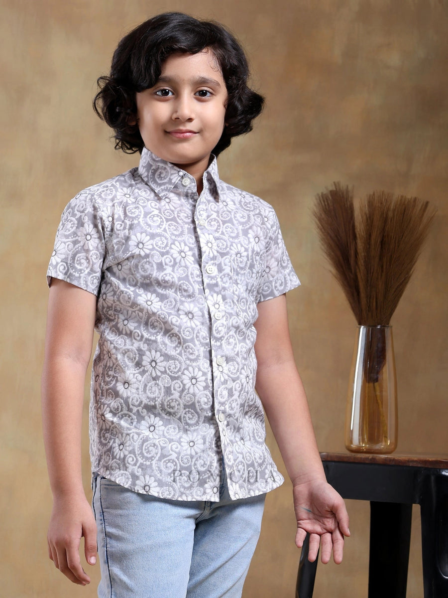 BACHPAN MOKSHA GREY COTTON HAND BLOCK HALF SLEEVE - Pomcha Jaipur