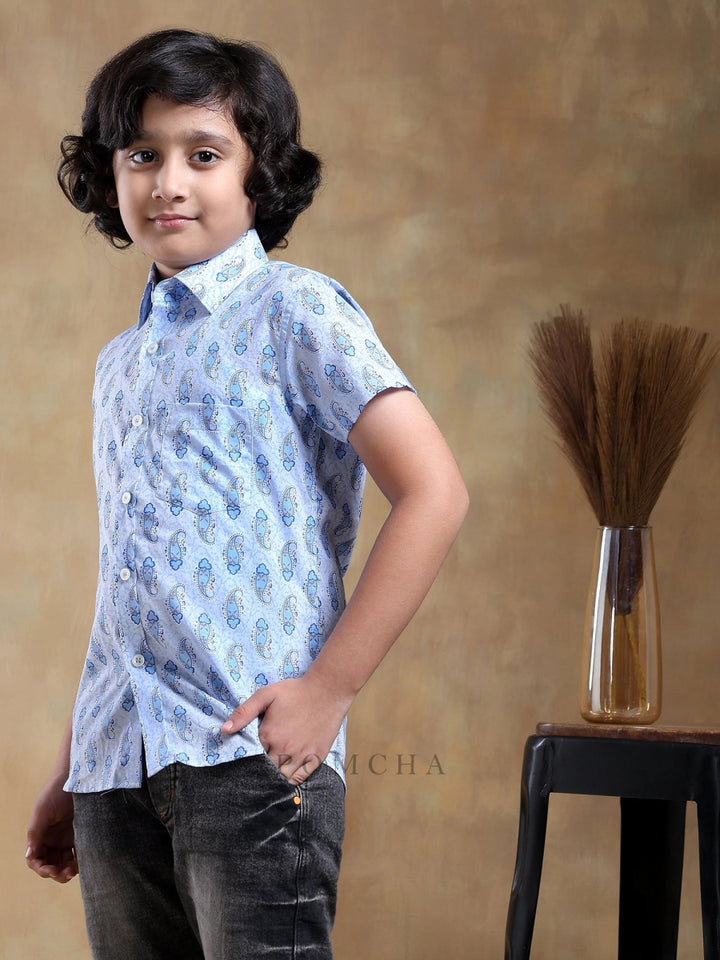 BACHPAN SAGAR BLUE COTTON HAND BLOCK SHIRT - Pomcha Jaipur