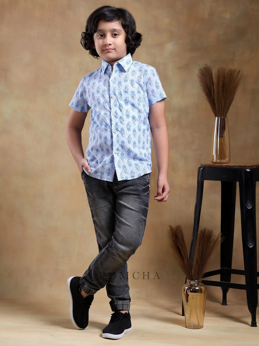 BACHPAN SAGAR BLUE COTTON HAND BLOCK SHIRT - Pomcha Jaipur