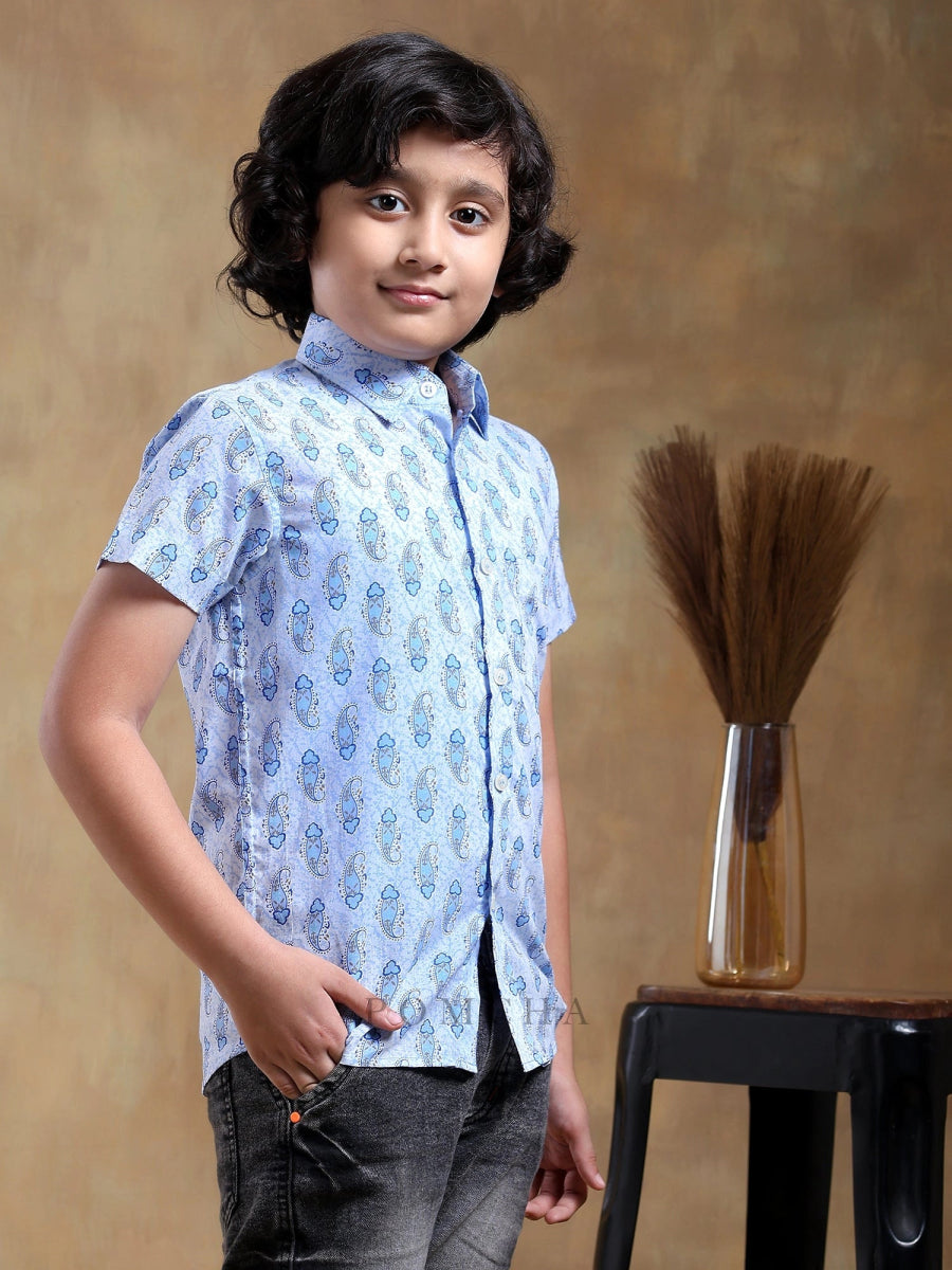 BACHPAN SAGAR BLUE COTTON HAND BLOCK SHIRT - Pomcha Jaipur