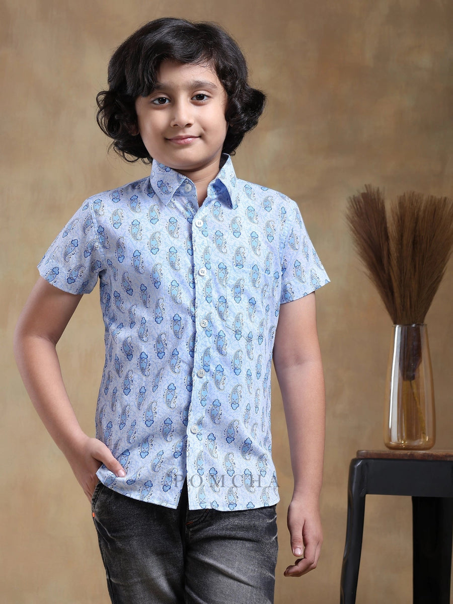 BACHPAN SAGAR BLUE COTTON HAND BLOCK SHIRT - Pomcha Jaipur
