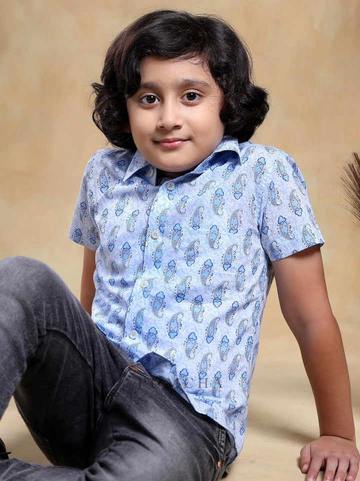 BACHPAN SAGAR BLUE COTTON HAND BLOCK SHIRT - Pomcha Jaipur