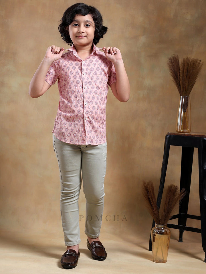 BACHPAN SHUBH GULABI COTTON HAND BLOCK SHIRT - Pomcha Jaipur