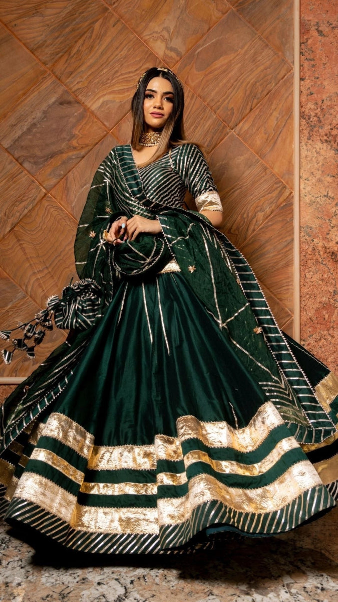 BAISA DARK GREEN COTTON SILK WITH LAPPA WORK LEHENGA AND JAAL WORK ORGANZA DUPATTA SET - Pomcha Jaipur