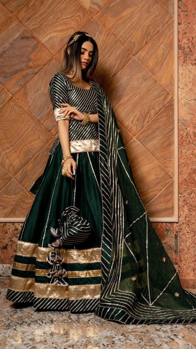 BAISA DARK GREEN COTTON SILK WITH LAPPA WORK LEHENGA AND JAAL WORK ORGANZA DUPATTA SET - Pomcha Jaipur