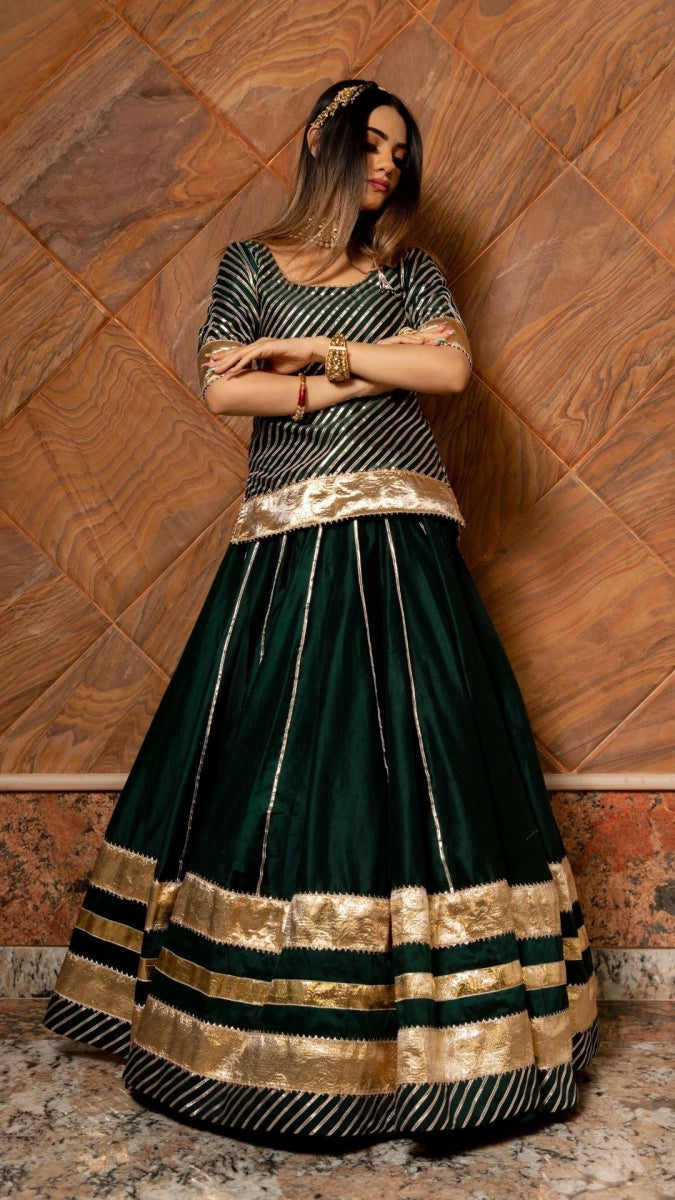 BAISA DARK GREEN COTTON SILK WITH LAPPA WORK LEHENGA AND JAAL WORK ORGANZA DUPATTA SET - Pomcha Jaipur