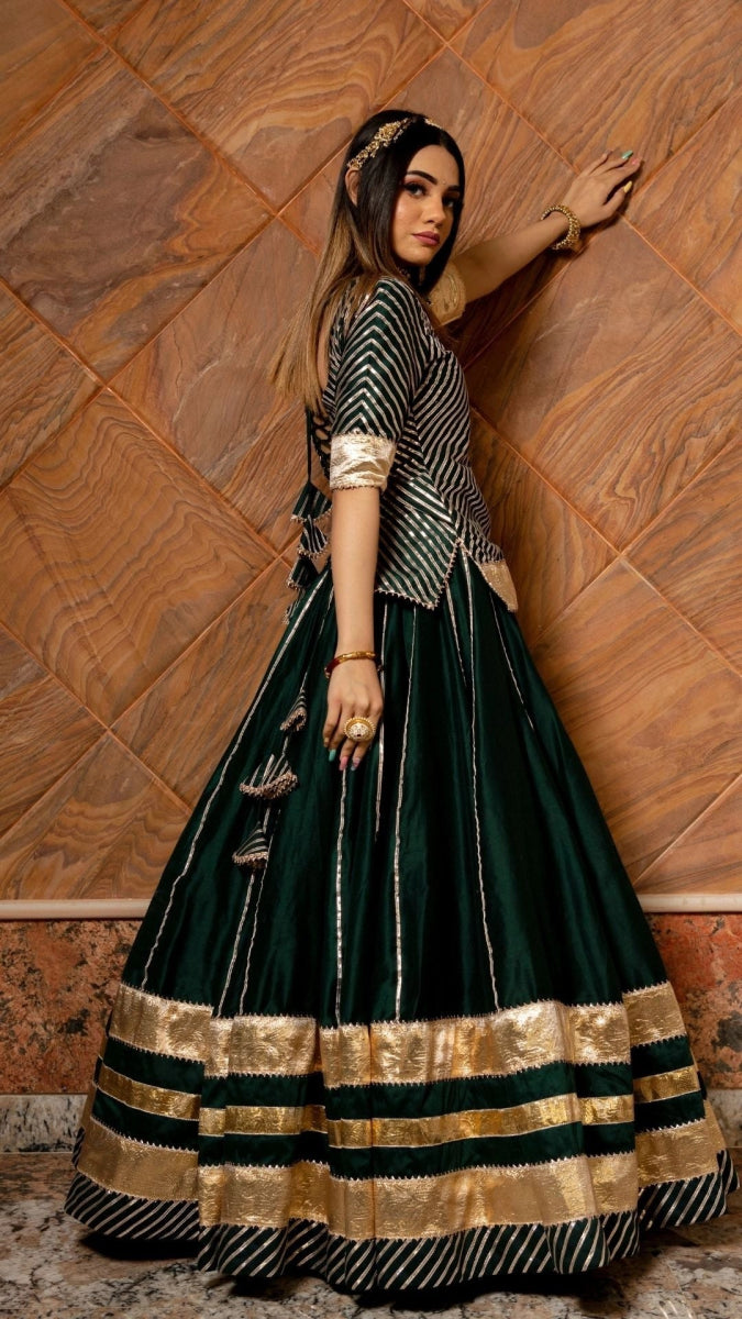 BAISA DARK GREEN COTTON SILK WITH LAPPA WORK LEHENGA AND JAAL WORK ORGANZA DUPATTA SET - Pomcha Jaipur