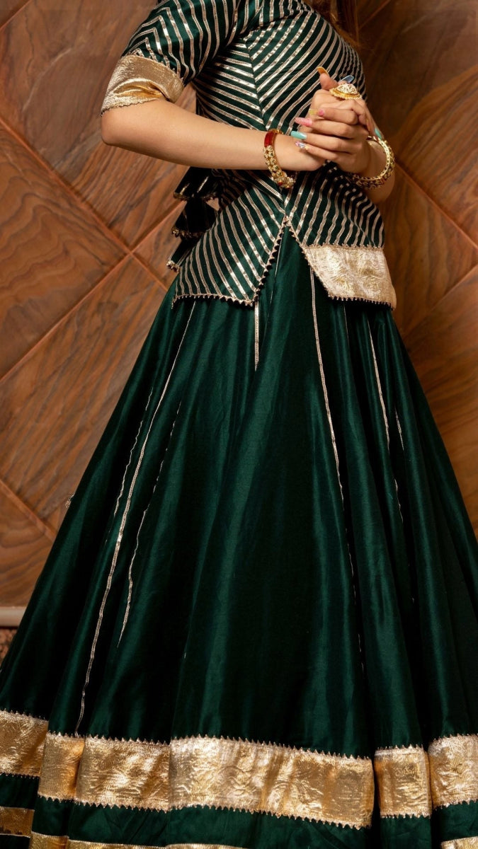 BAISA DARK GREEN COTTON SILK WITH LAPPA WORK LEHENGA AND JAAL WORK ORGANZA DUPATTA SET - Pomcha Jaipur