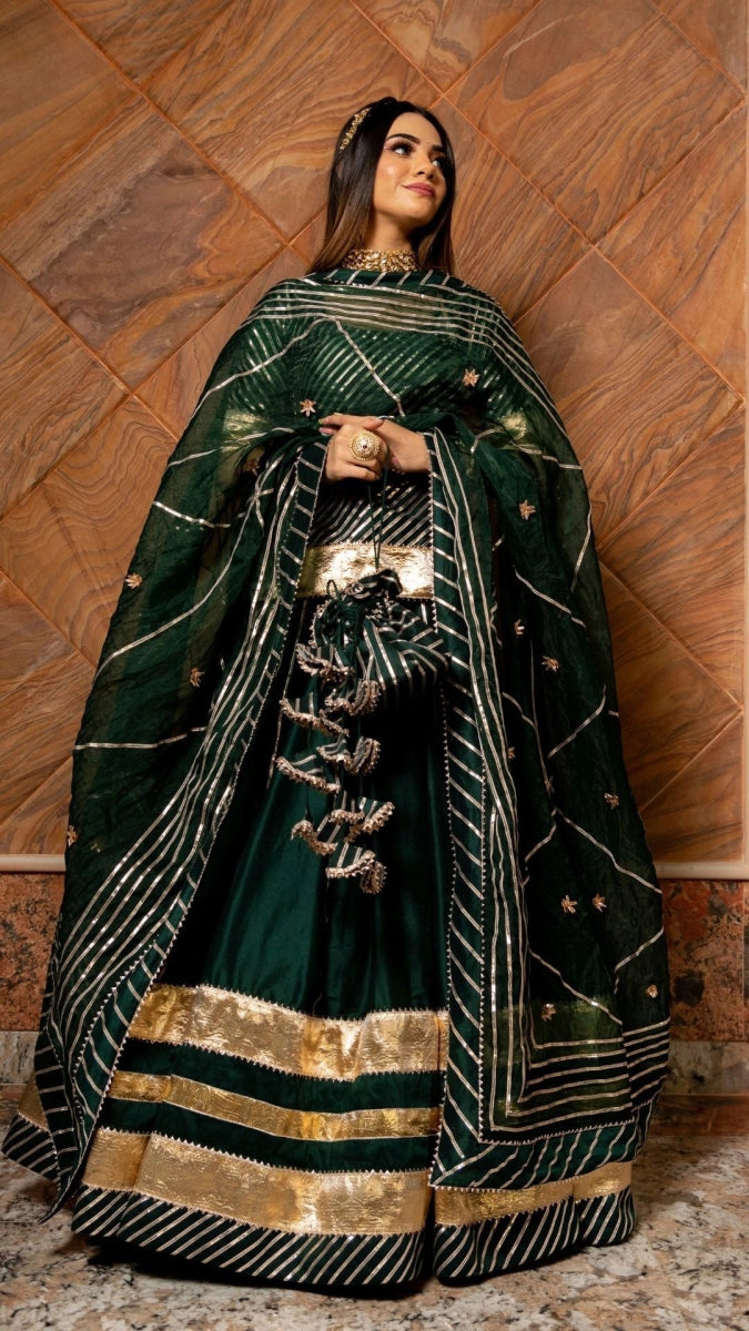 BAISA DARK GREEN COTTON SILK WITH LAPPA WORK LEHENGA AND JAAL WORK ORGANZA DUPATTA SET - Pomcha Jaipur