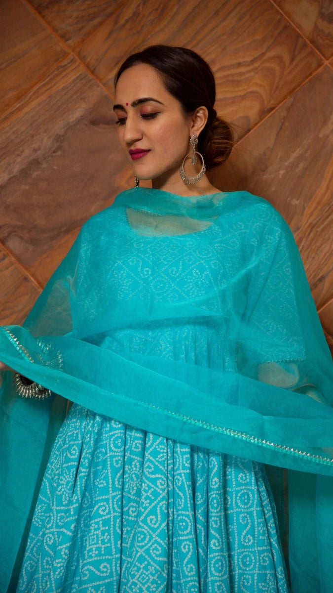 BANDHEJ BLUE COTTON ANARKALI SET - Pomcha Jaipur
