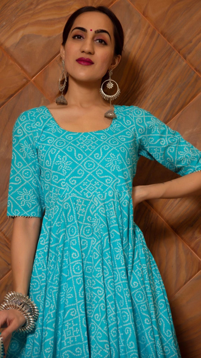 BANDHEJ BLUE COTTON ANARKALI SET - Pomcha Jaipur