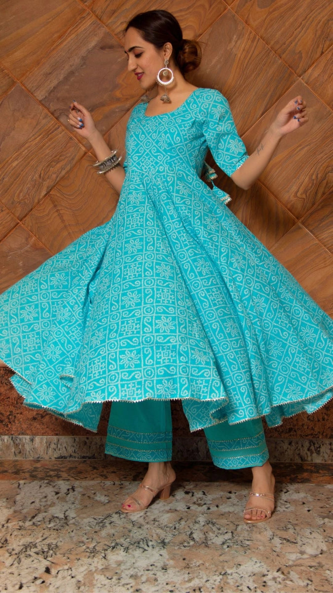 BANDHEJ BLUE COTTON ANARKALI SET - Pomcha Jaipur