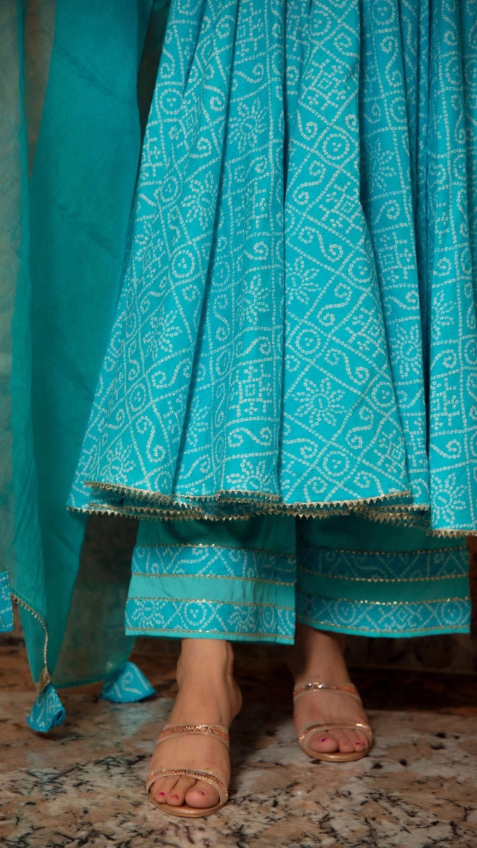 BANDHEJ BLUE COTTON ANARKALI SET - Pomcha Jaipur